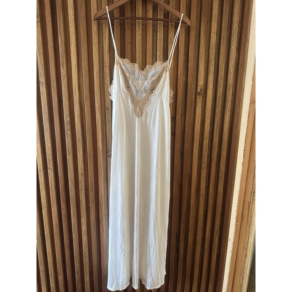 VTG Irony Maxi Slip Dress Nightgown Fashion Nightwear Lace Trim M USA Janice Lee